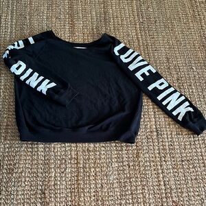 PINK by VS 
Black with White Sweatshirt, oversized  look, raw edge neckline!